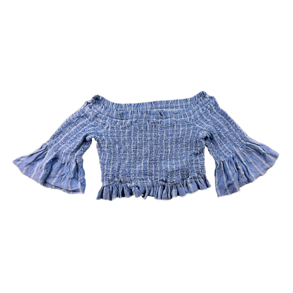 Free People Smock Around Blouse Women M Blue Striped Viscose Boho Summer Western